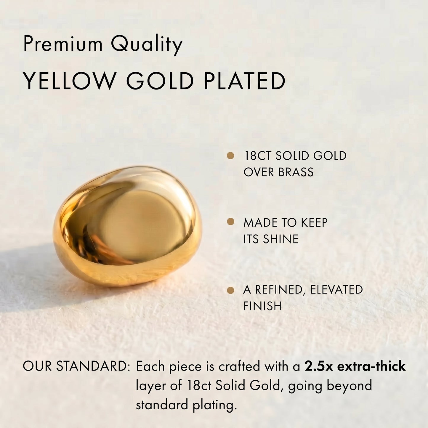 Awakened Time Premium Quality Yellow Gold Plated graphic highlighting 18ct solid gold over brass standards.