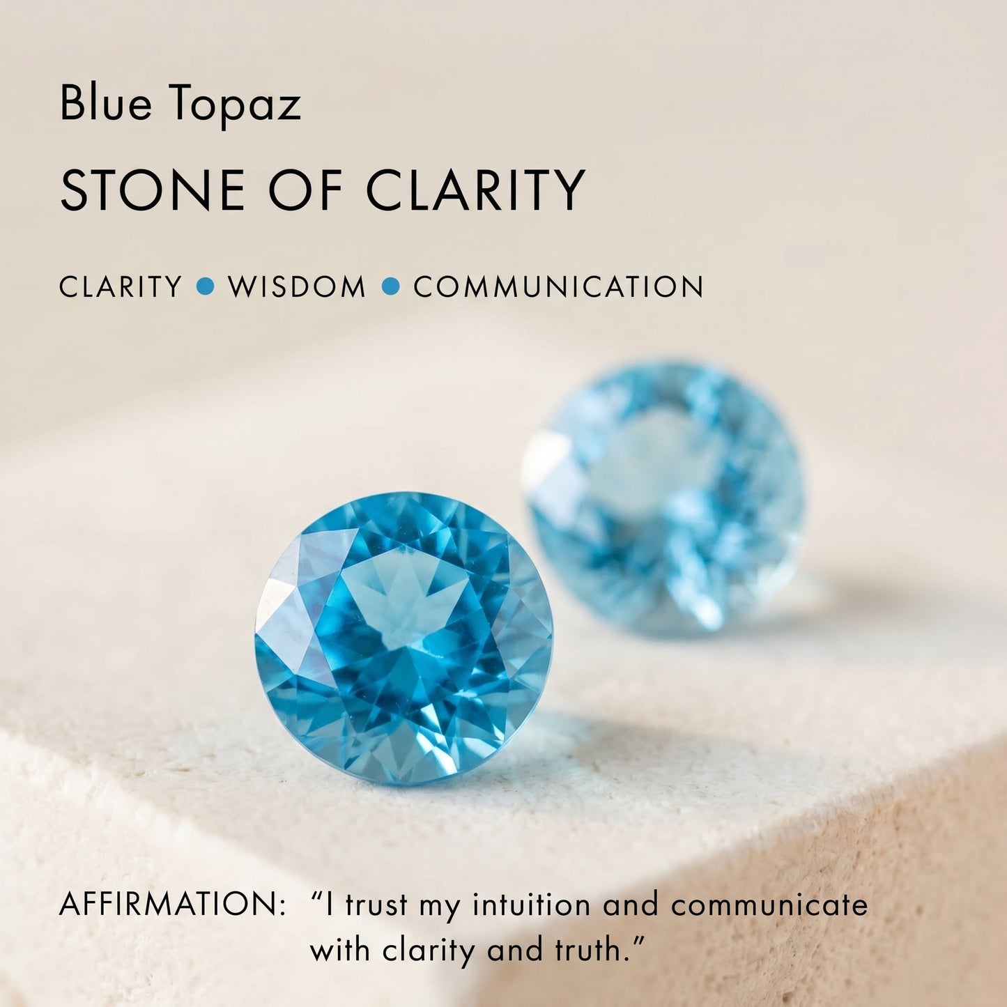 Awakened Time blue topaz gem description graphic featuring round cut blue stones, labeled as the Stone of Clarity, Wisdom, and Communication, with the affirmation: "I trust my intuition and communicate with clarity and truth.