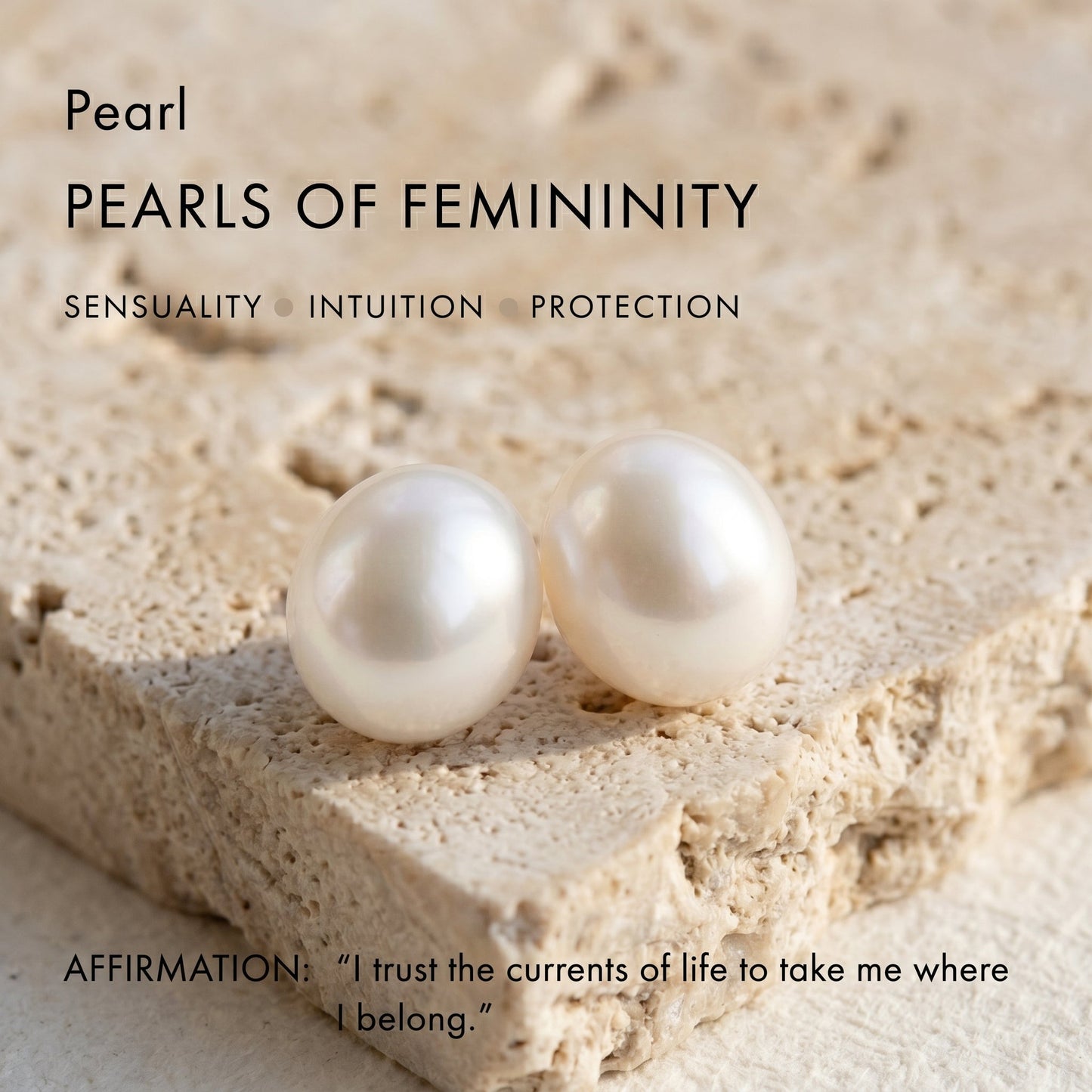 Natural freshwater pearls sitting on stone background with text highlighting pearl quality and symbolism.