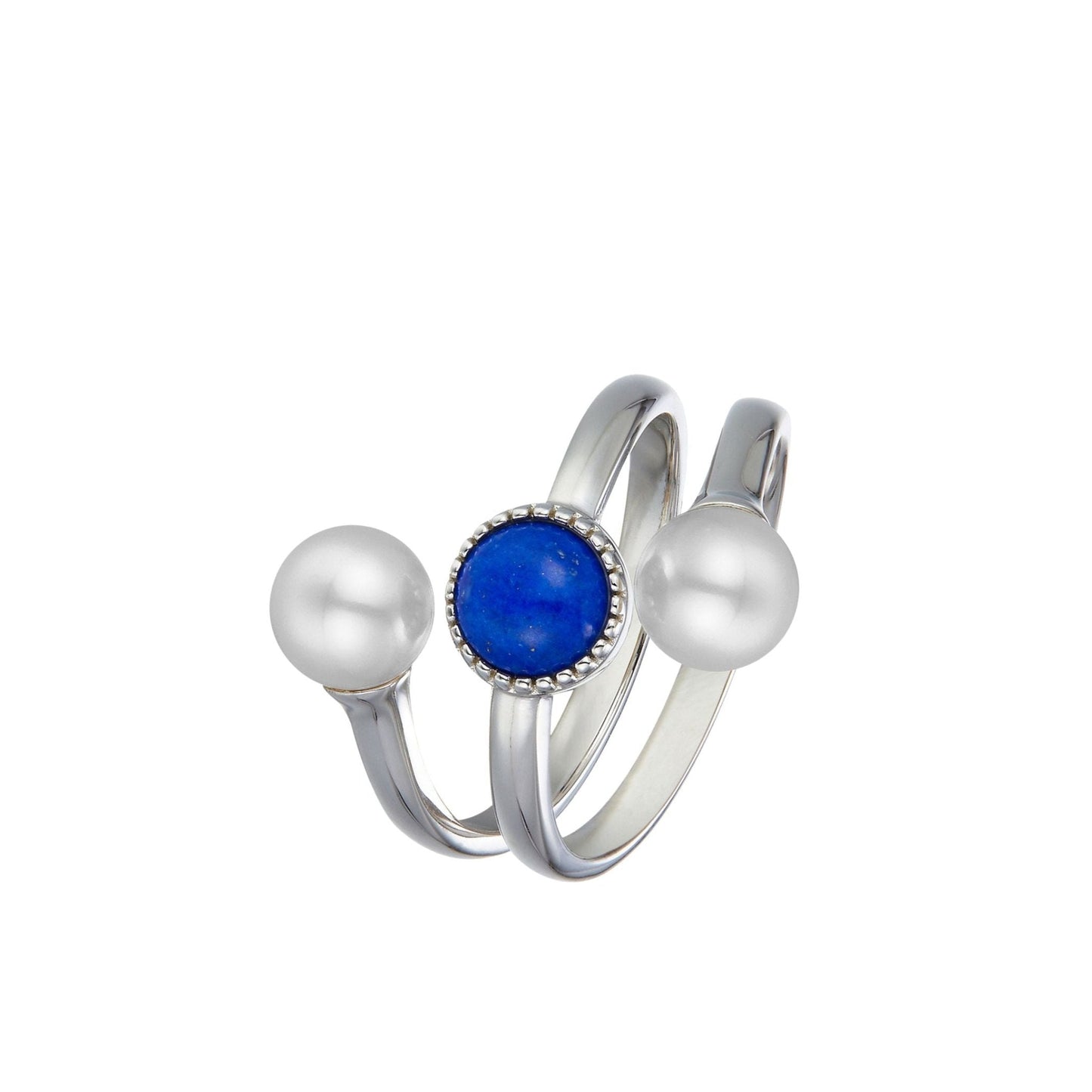 Awakened Time Pearl Cosmos luxury statement ring in a clean studio angle shot, featuring a natural deep blue lapis lazuli center stone flanked by dual freshwater pearls set in 18ct white gold vermeil.