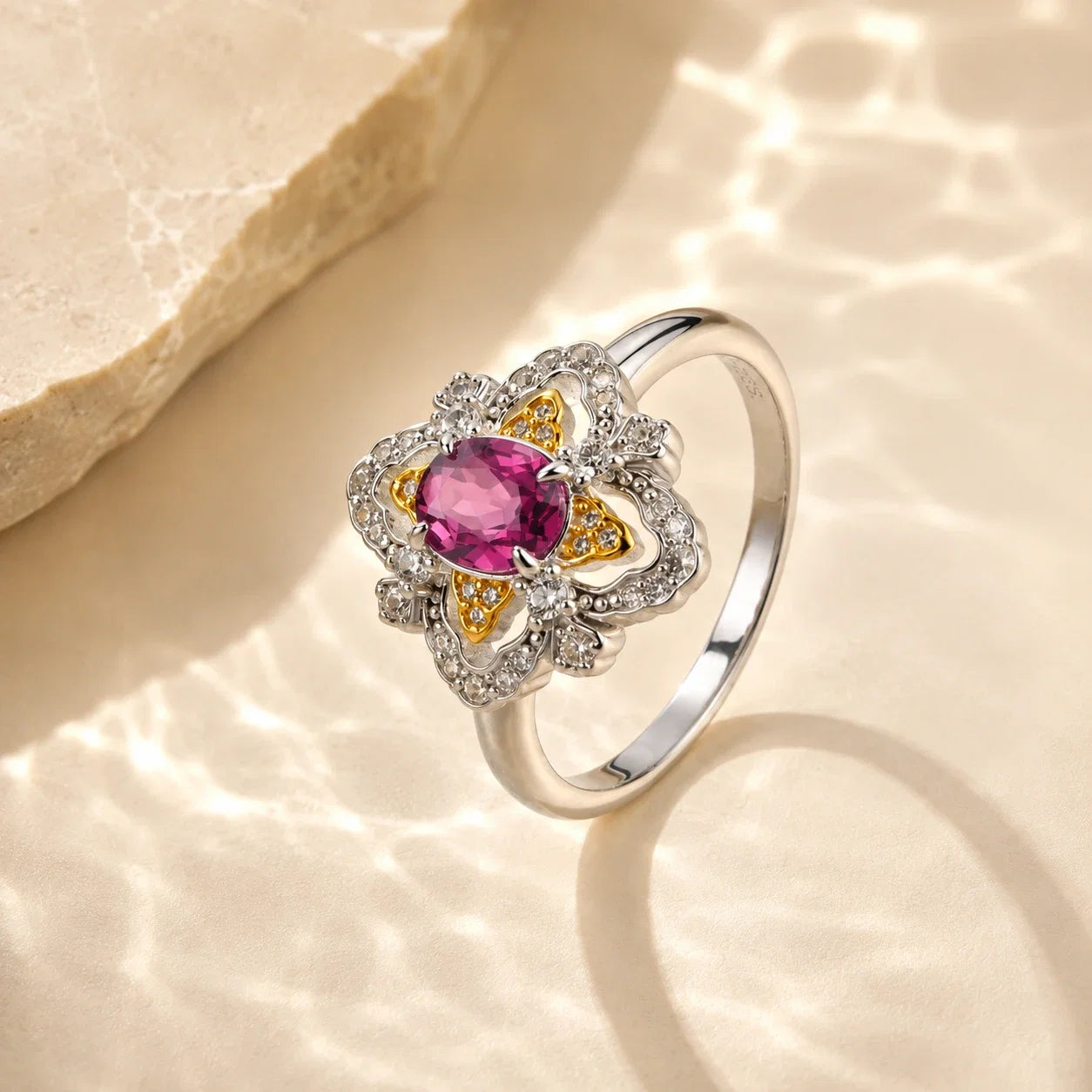 la-rosa-di-firenze-gold-vermeil ring with a central pink gemstone and small clear accent stones, styled on a warm beige textured surface with soft light reflections.