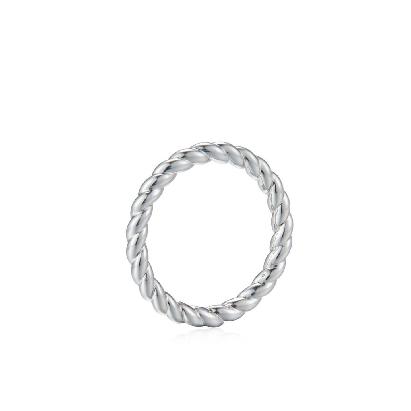 Awakened Time Léa Twist luxury ring in a clean studio product shot, showcasing its polished braided rope design crafted in 18ct recycled white gold plating.