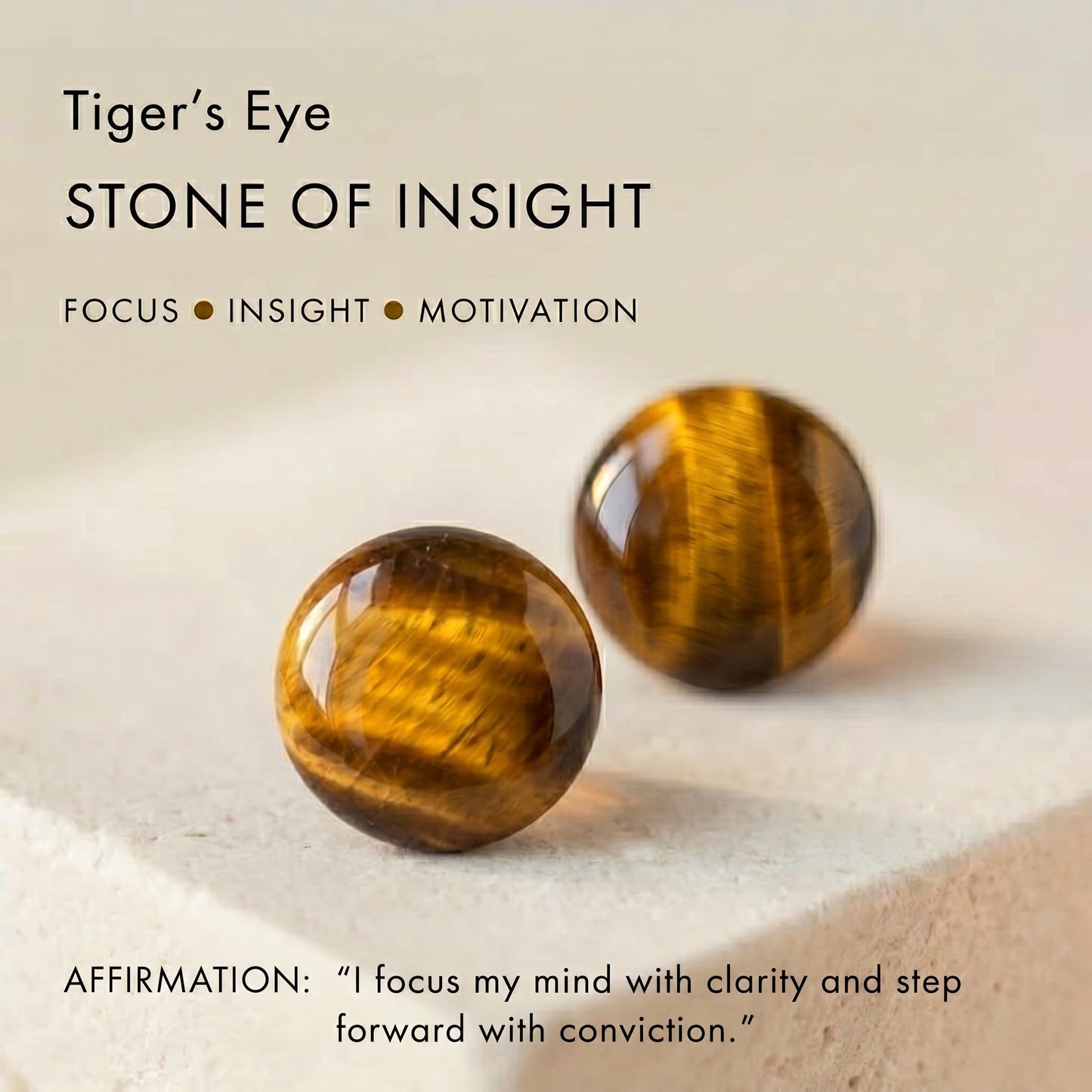 Two tiger's eye stones on a light background with text about their properties.
