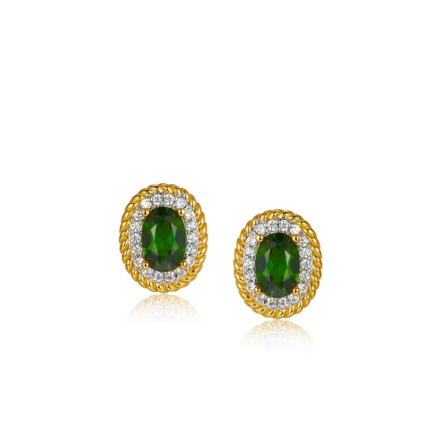 Pair of Awakened Time Imperial Forest stud earrings with oval green chrome diopside stones, sparkling cubic zirconia halos, and gold twisted rope borders on a white background.