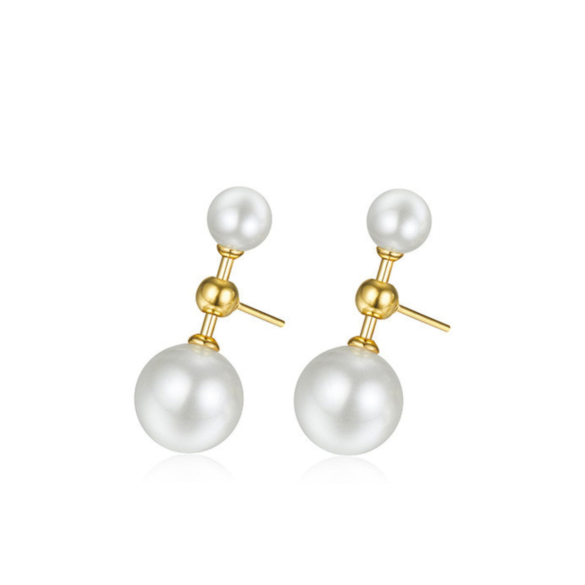 Pair of Awakened Time L’Équilibre double pearl earrings featuring a small top white pearl and a larger bottom white pearl connected by a gold vertical bar on a white background.