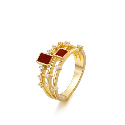 Awakened Time gemstone trio ring featuring red stone in 18ct gold vermeil.