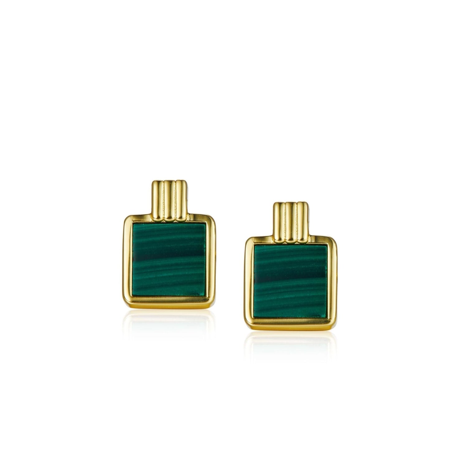 Pair of Arcadia square malachite stud earrings set in 18k gold vermeil against a plain white background.