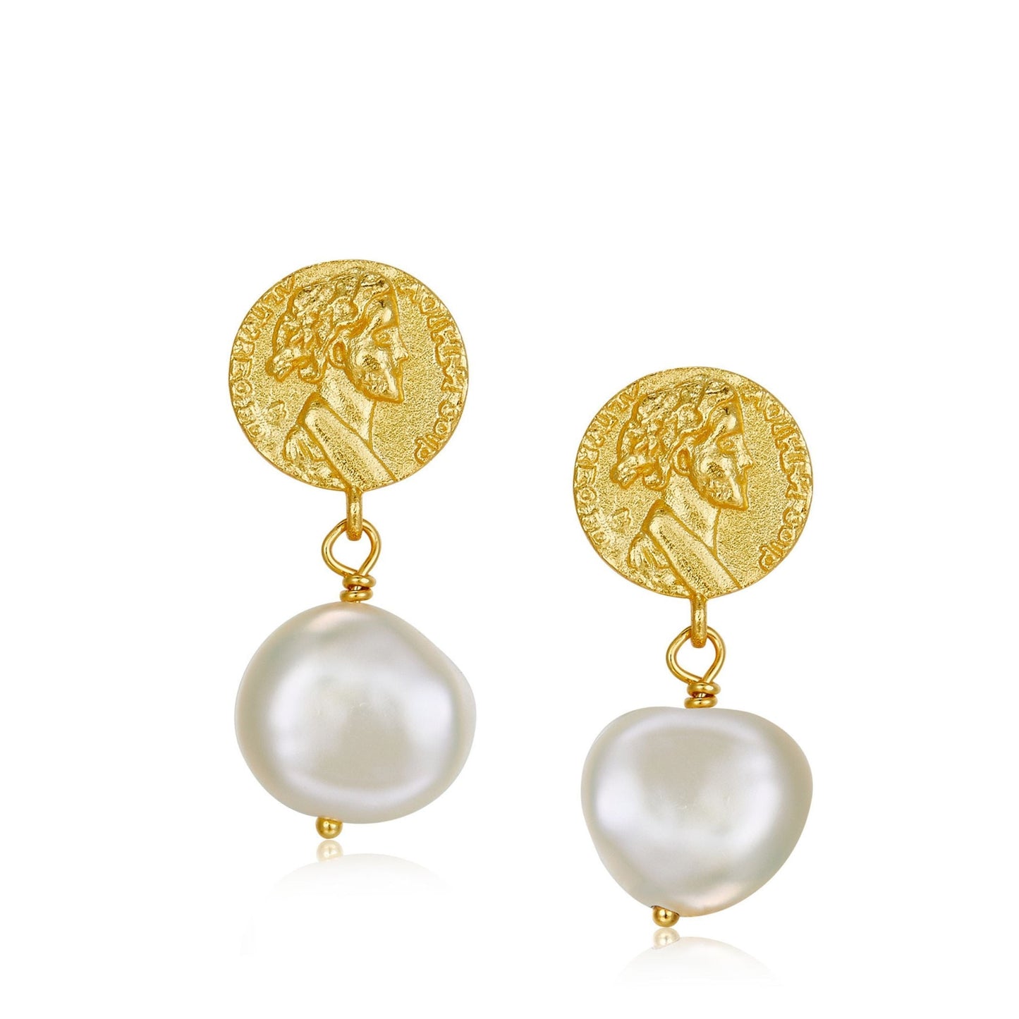 Pair of Athena Drop Earrings in 18k gold vermeil featuring etched ancient Greek coin medallions with dangling natural freshwater pearls.