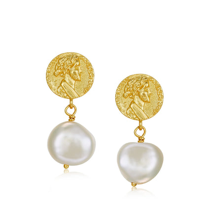 Pair of Athena Drop Earrings in 18k gold vermeil featuring etched ancient Greek coin medallions with dangling natural freshwater pearls.