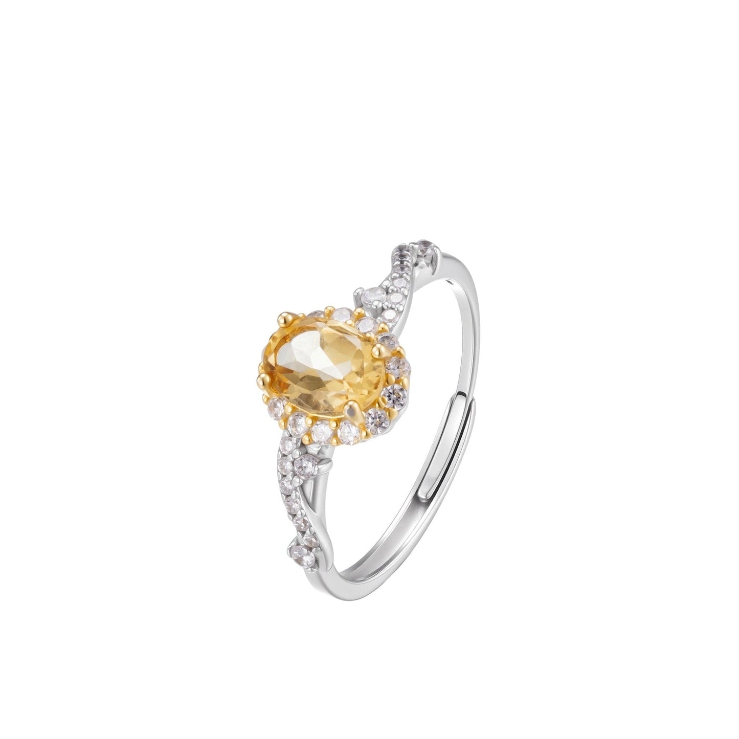 Close-up studio photograph of the Awaken Time Classic Citrine Ring. The ring features an oval-cut natural citrine gemstone set in gold prongs, surrounded by a halo of smaller white cubic zirconia. The band is crafted from polished 925 sterling silver in a vine-like, adjustable open design, shown on a white background.