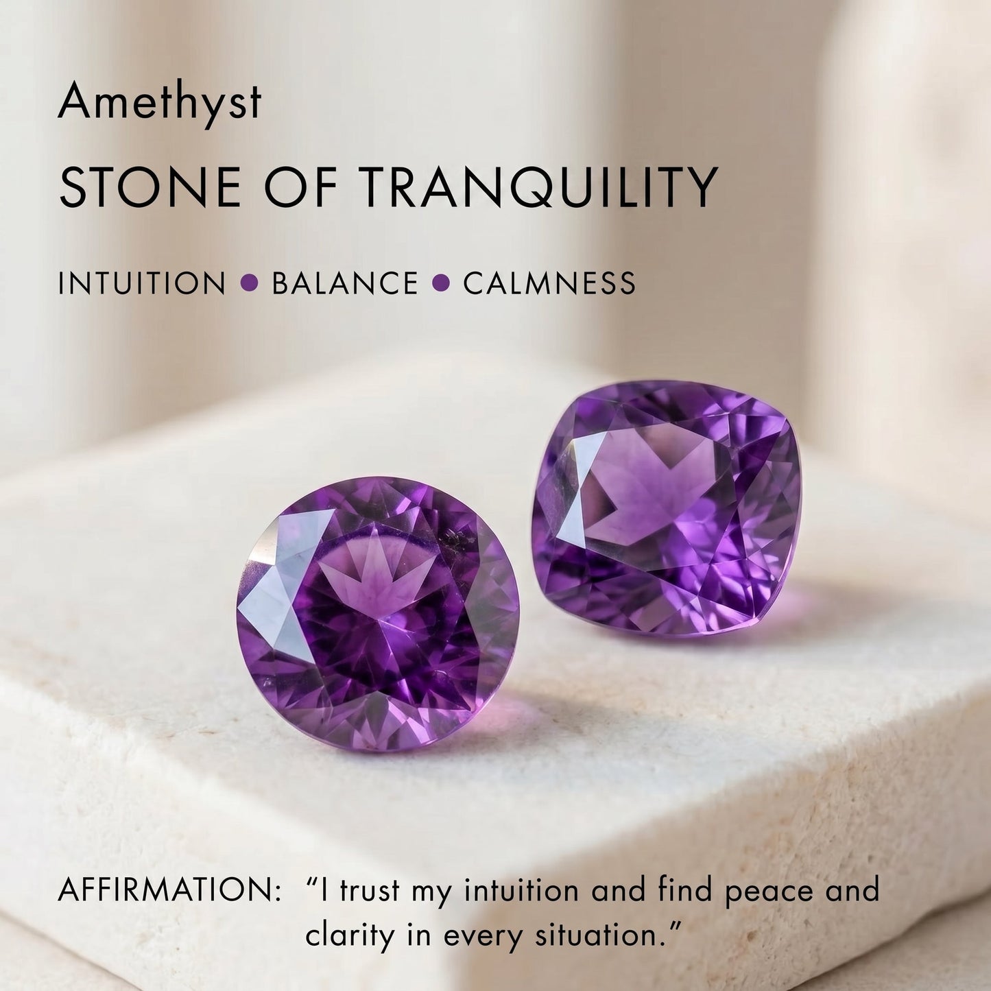 Close-up photograph of two natural purple amethyst gemstones resting on a white textured stone, presented as an Awakened Time product information graphic. The text overlay reads: "Amethyst - Stone of Tranquility," followed by "Intuition • Balance • Calmness," and the affirmation: "I trust my intuition and find peace and clarity in every situation