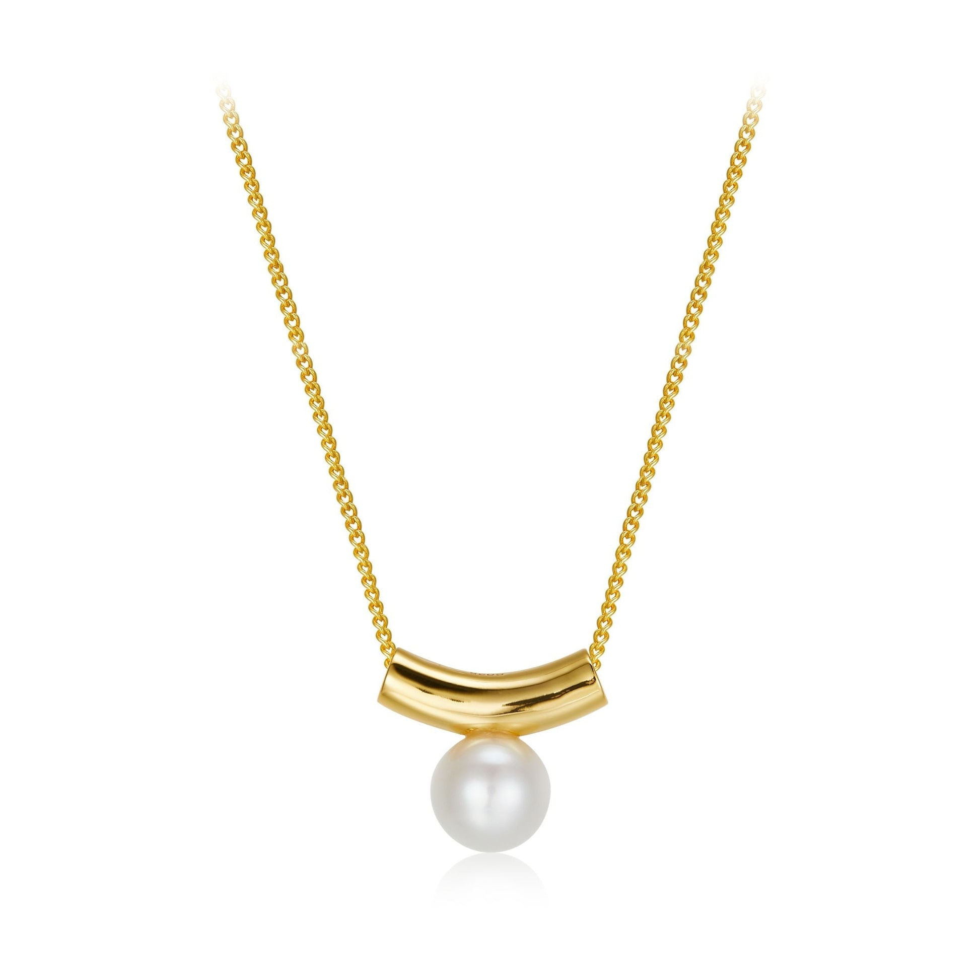 Awakened Time Arc de Lune necklace in 18ct gold vermeil featuring a crescent arc cradling a natural freshwater pearl.