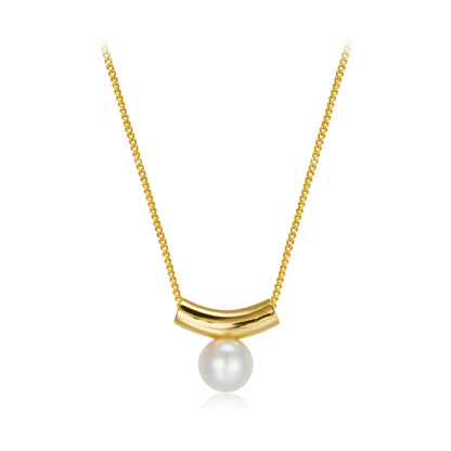 Awakened Time Arc de Lune necklace in 18ct gold vermeil featuring a crescent arc cradling a natural freshwater pearl.
