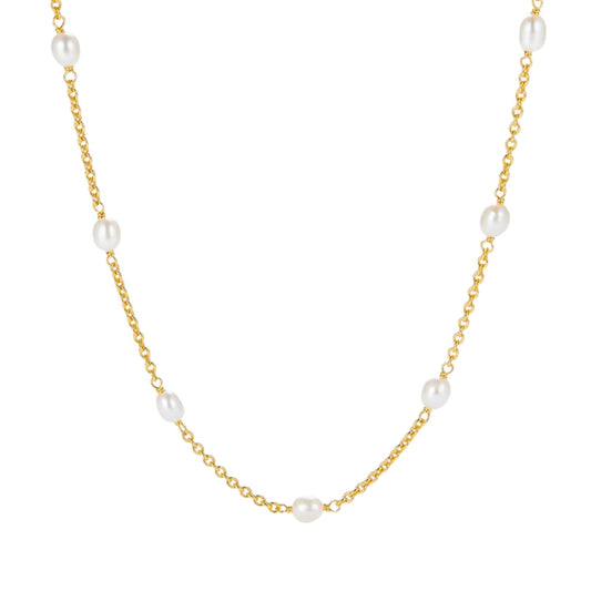 Awakened Time Bare Luxe Orbit pearl necklace in 18ct gold vermeil with station-set natural freshwater pearls on a white background.