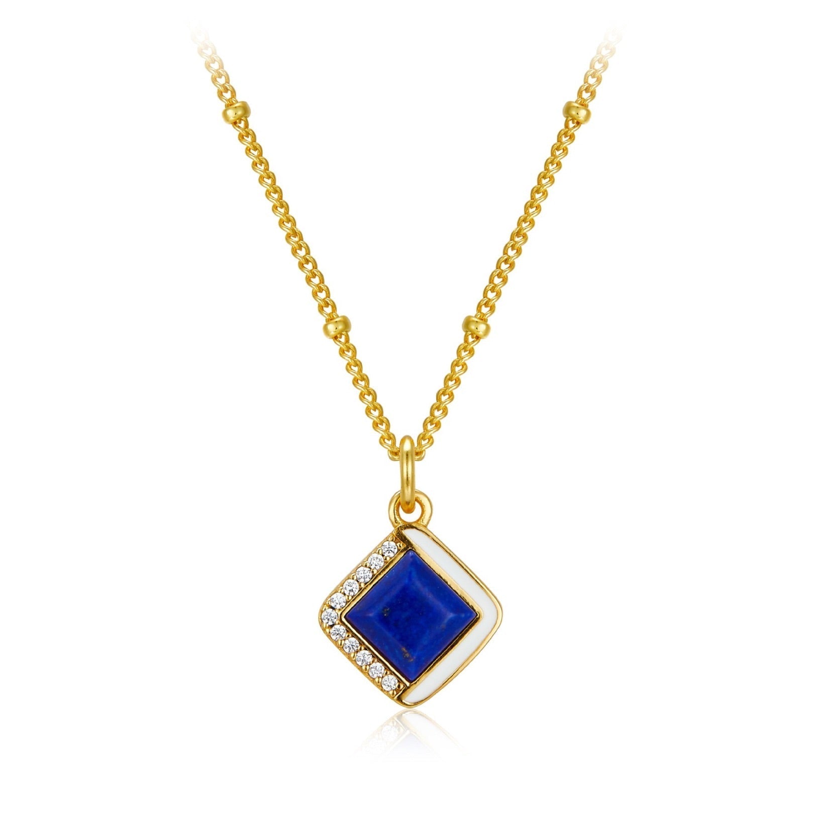 Awakened Time Bleu Intuition necklace in 18ct gold vermeil featuring a square lapis lazuli stone with enamel and diamond-pave border accents.