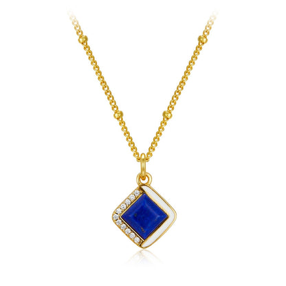 Awakened Time Bleu Intuition necklace in 18ct gold vermeil featuring a square lapis lazuli stone with enamel and diamond-pave border accents.