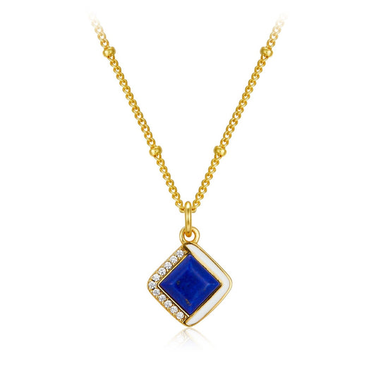 Awakened Time Bleu Intuition necklace in 18ct gold vermeil featuring a square lapis lazuli stone with enamel and diamond-pave border accents.
