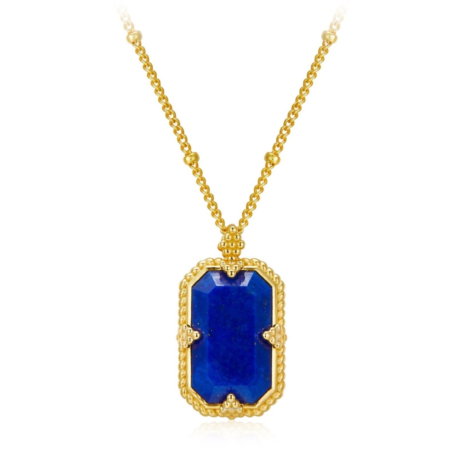Awakened Time Bleu Nuit pendant necklace in 18ct gold vermeil featuring a step-cut natural lapis lazuli in a beaded gold setting.