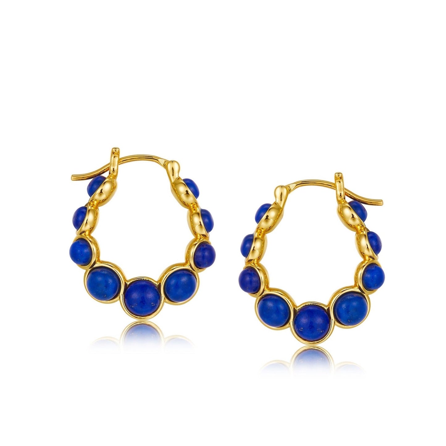 Pair of Awakened Time Céleste hoop earrings in 18ct gold vermeil set with natural deep blue lapis lazuli gemstones.