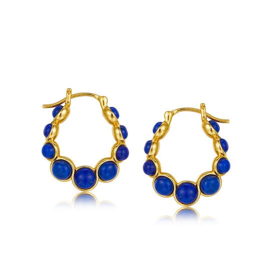 Pair of Awakened Time Céleste hoop earrings in 18ct gold vermeil set with natural deep blue lapis lazuli gemstones.