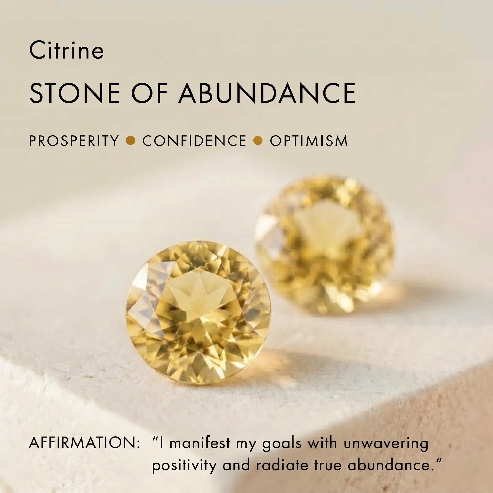 Awakened Time gemstone infographic detailing natural citrine as the stone of abundance, prosperity, confidence, and optimism.