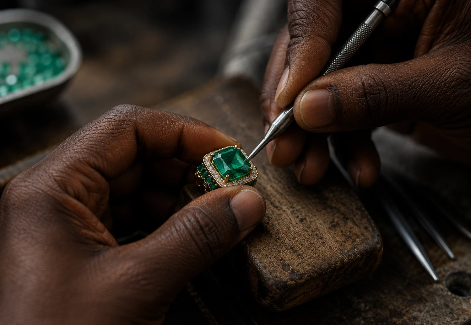 Expert craftsmanship of an emerald gem setting for an Awakened Time design.