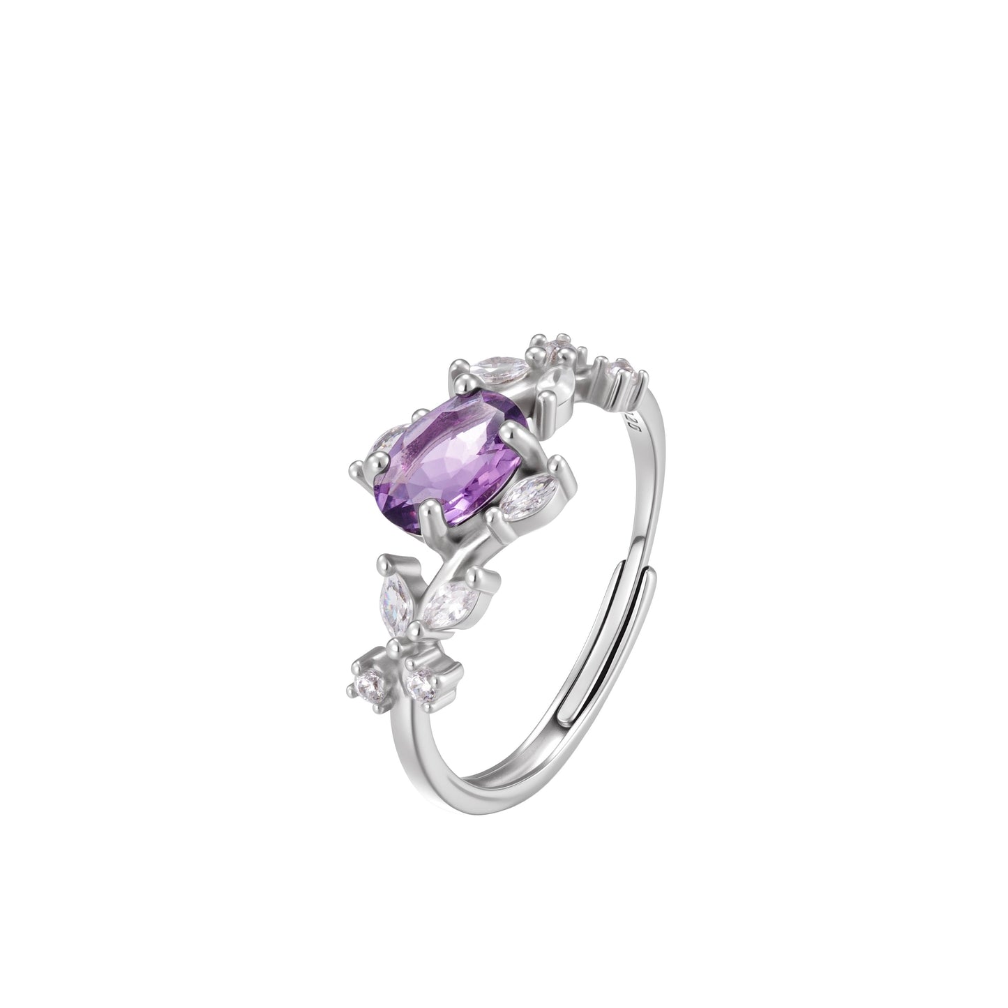 Close-up studio photograph of the Awakened Time Floral Ring. The ring features an oval-cut natural purple amethyst gemstone set in 925 sterling silver, framed by a delicate vine-and-leaf motif accented with sparkling cubic zirconia, shown on a white background.