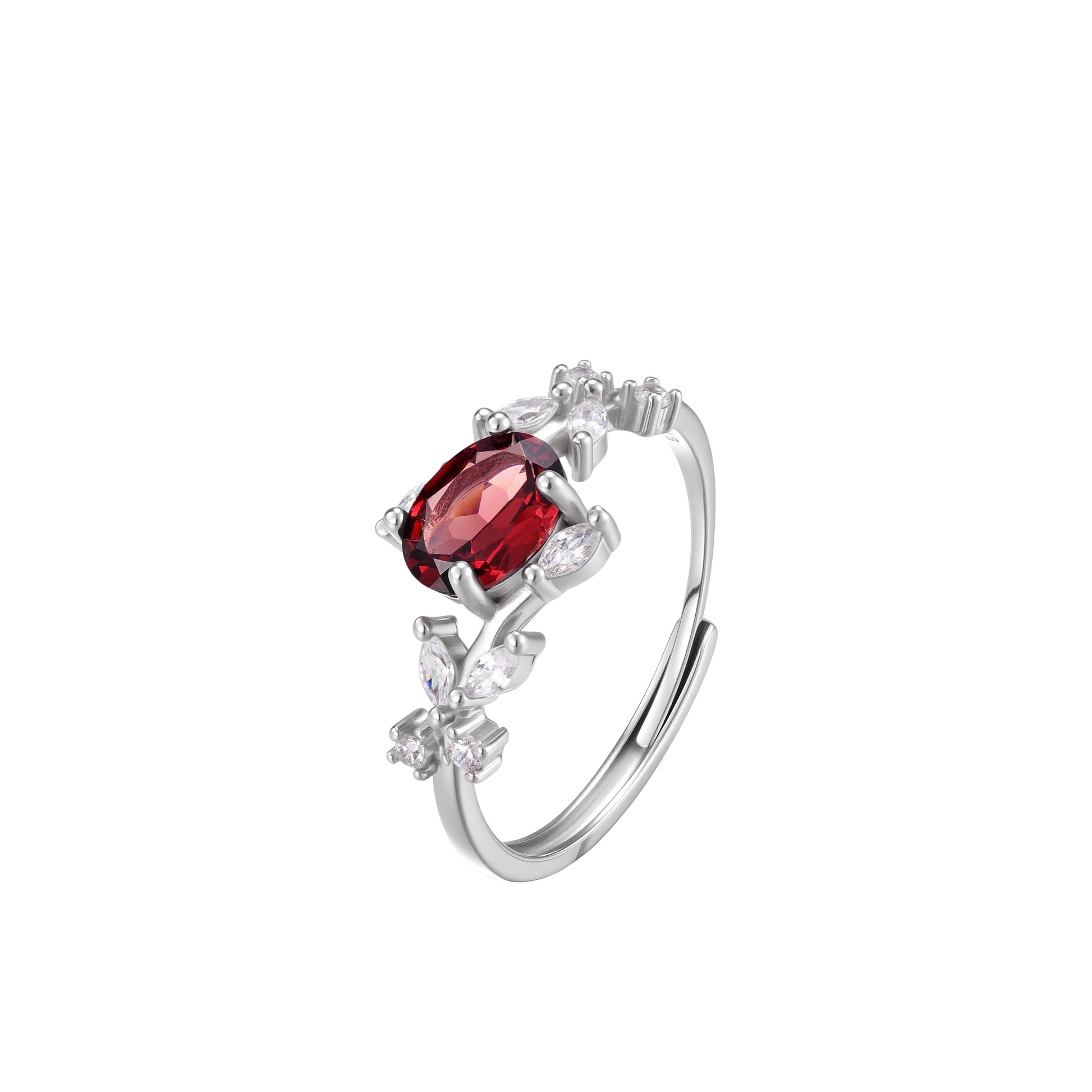 Close-up studio photograph of the Awaken Time Floral Ring. The ring features an oval-cut natural red garnet gemstone set in 925 sterling silver, surrounded by a vine-and-leaf motif accented with sparkling cubic zirconia, shown on a white background.