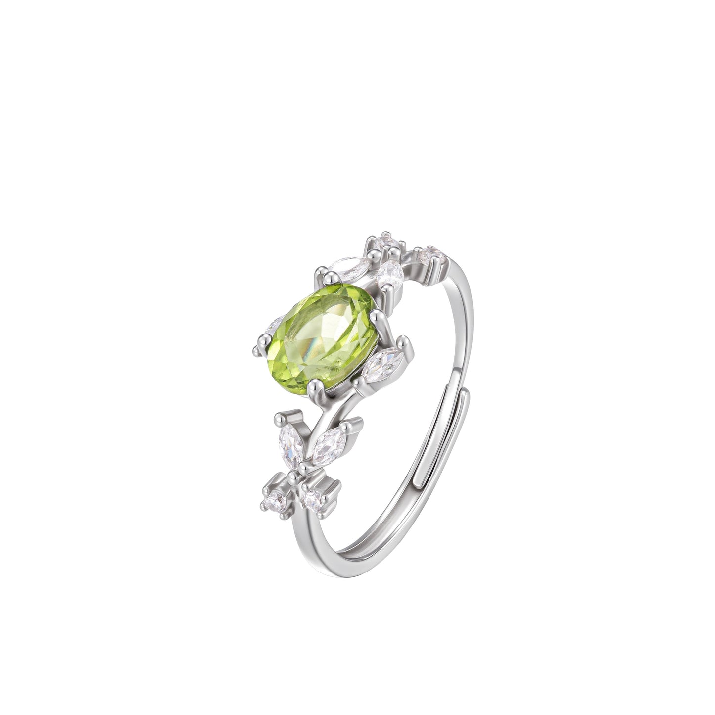 Close-up studio photograph of the Awakened Time Floral Ring. The ring features an oval-cut natural light green peridot gemstone set in 925 sterling silver, surrounded by a vine-and-leaf motif accented with sparkling cubic zirconia, shown on a white background.
