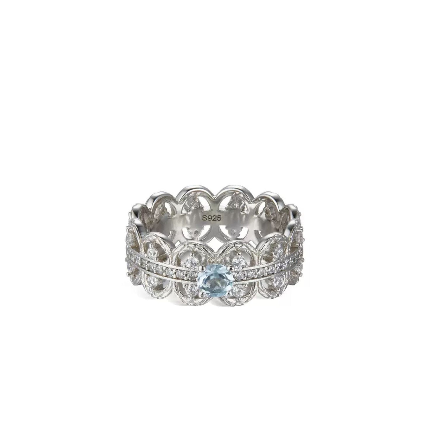 Florentine Lace Ring by Awakened Time featuring natural blue topaz gemstone, intricate silver lacework design, and 18ct white gold vermeil finish