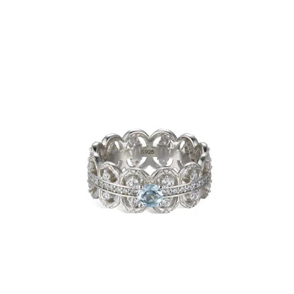 Florentine Lace Ring by Awakened Time featuring natural blue topaz gemstone, intricate silver lacework design, and 18ct white gold vermeil finish