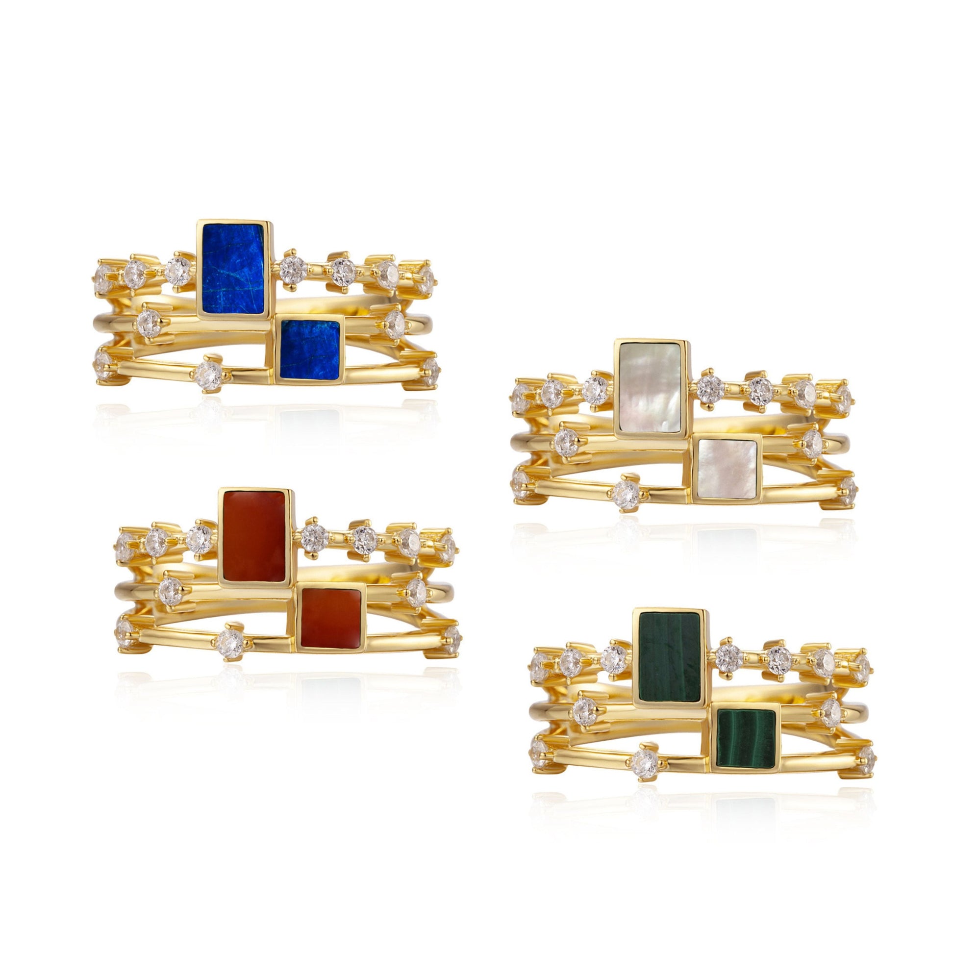 Awakened Time gemstone trio ring collection displayed in all stone and color variants.