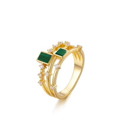 Awakened Time gemstone trio ring featuring malachite and 5A cubic zirconia in 18ct gold vermeil.