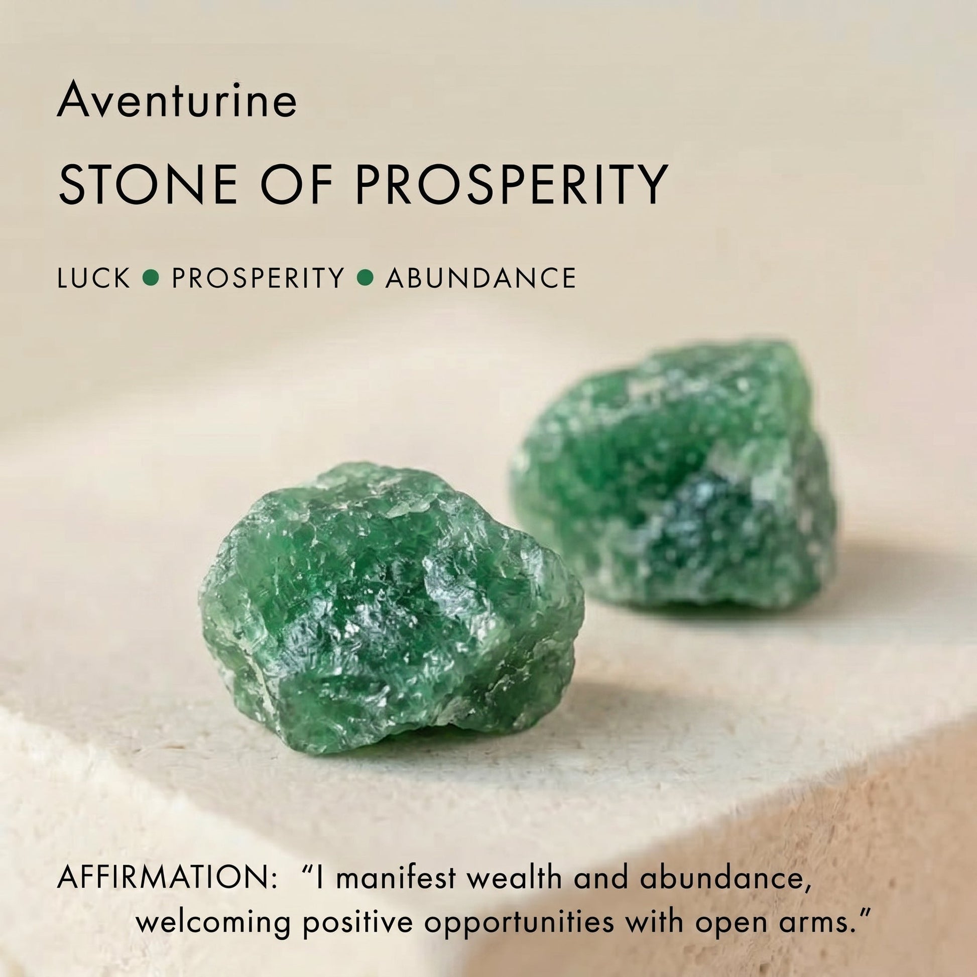 Awakened Time Aventurine Stone of Prosperity graphic featuring raw green aventurine crystals with luck and abundance attributes.