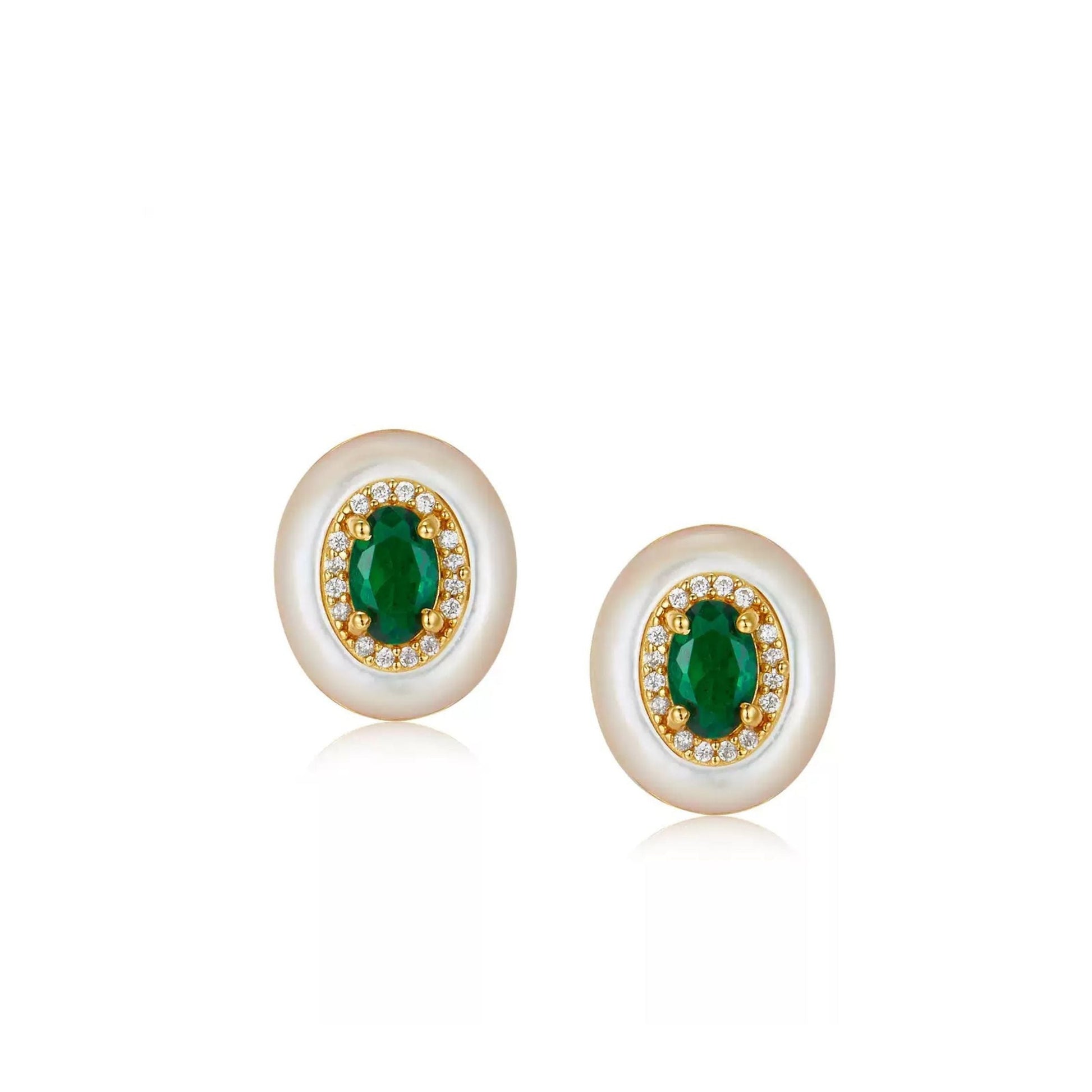 Pair of Awakened Time Halo de Vert stud earrings featuring oval green gemstones surrounded by pavé crystal halos and iridescent mother-of-pearl outer frames on a white background.