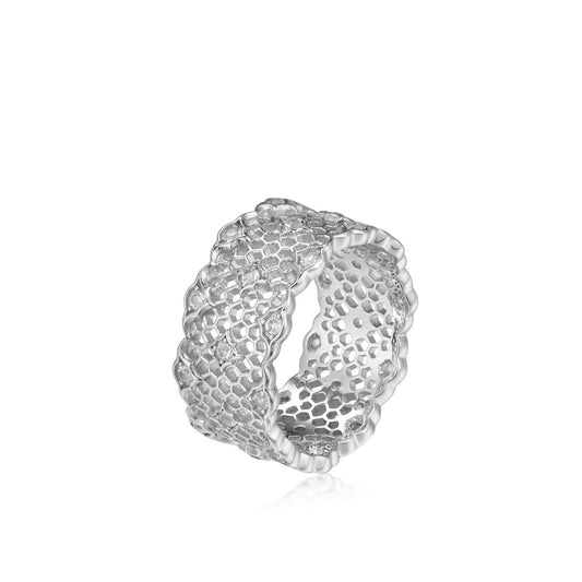 Awakened Time Iceveil Wide Band Ring featuring a sculptural honeycomb lattice design in 18ct recycled white gold vermeil over 925 sterling silver.