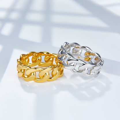 Paris Born Brand Awakened Time Iconic Chain Ring displayed side-by-side in 18ct gold vermeil and white gold vermeil.