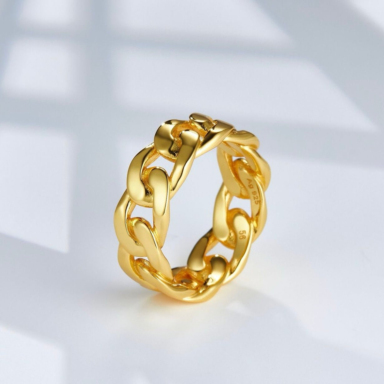Studio angle of the gold vermeil Iconic Chain Ring by Awakened Time.