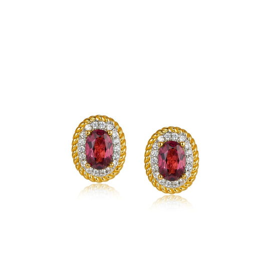 Pair of Awakened Time Imperial Romance stud earrings with oval red garnets, pave crystal halos, and gold twisted rope borders on a white background.