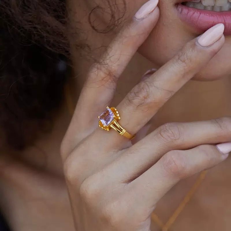 Model wearing The Lilac Crown Ring with elegant hand positioning, styled by Awakened Time.