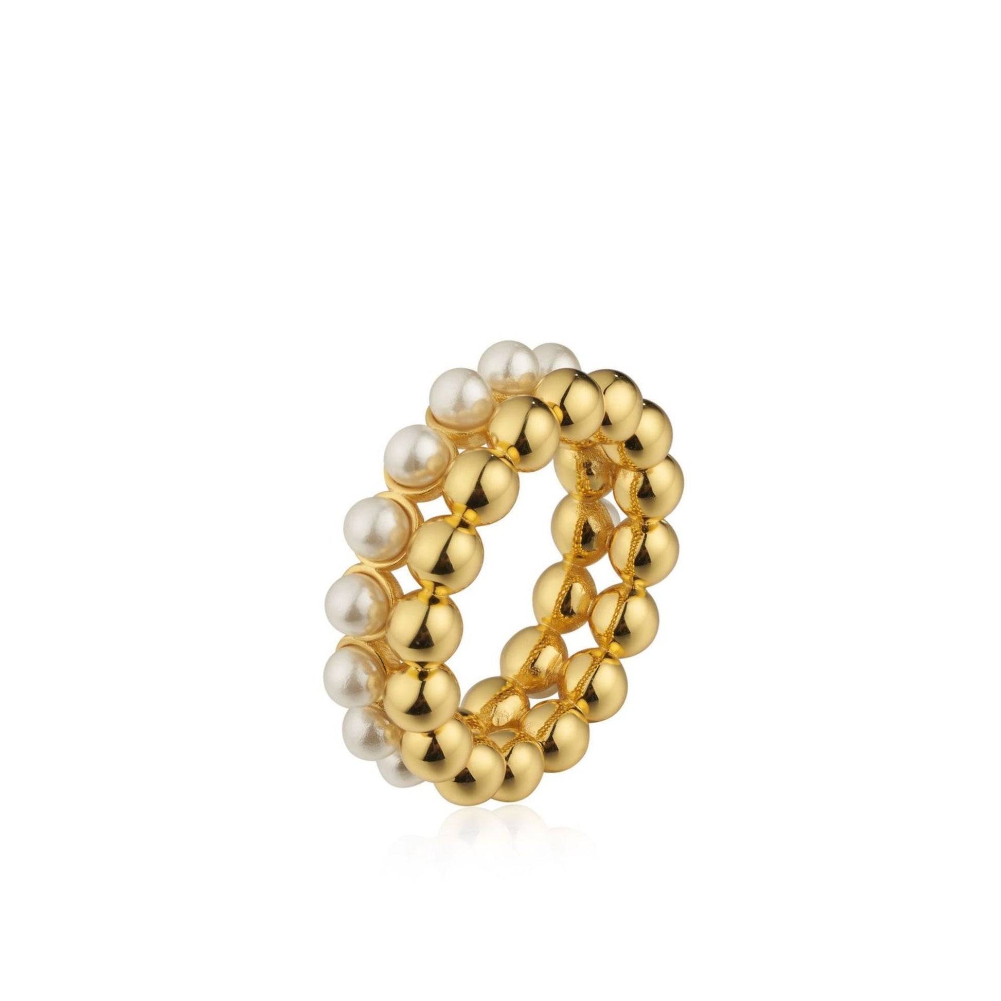 Studio product shot of The Lumière Ring by Awakened Time featuring alternating shell pearls and 18ct gold-plated beads.
