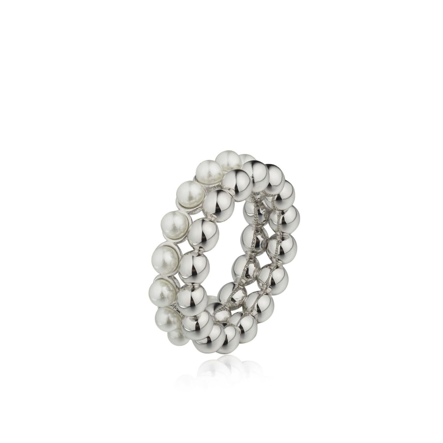 Studio product shot of The Lumière Ring in a white gold-plated finish with shell pearls by Awakened Time.