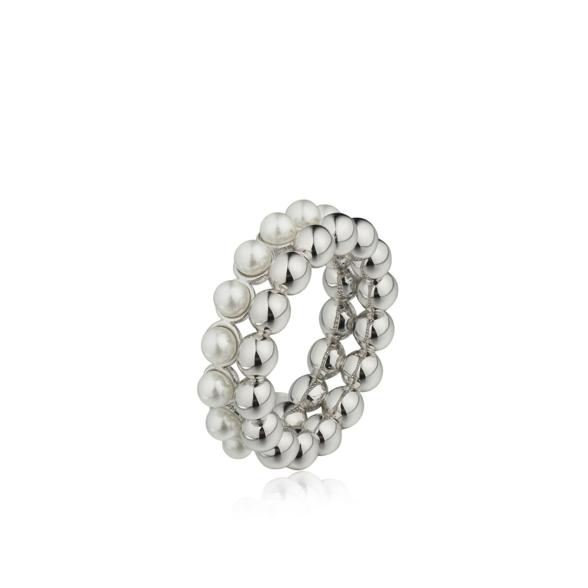 Studio product shot of The Lumière Ring in a white gold-plated finish with shell pearls by Awakened Time.