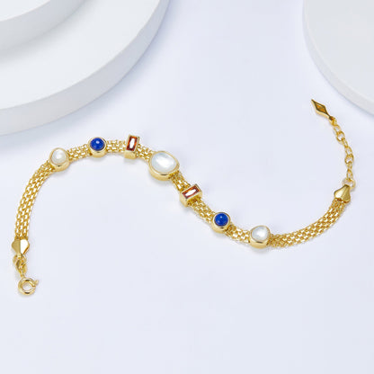 Awakened Time Lumière Strand Bracelet crafted in 925 sterling silver with 18ct gold vermeil finish and a colorful arrangement of natural garnet, lapis lazuli, and mother-of-pearl gemstones.