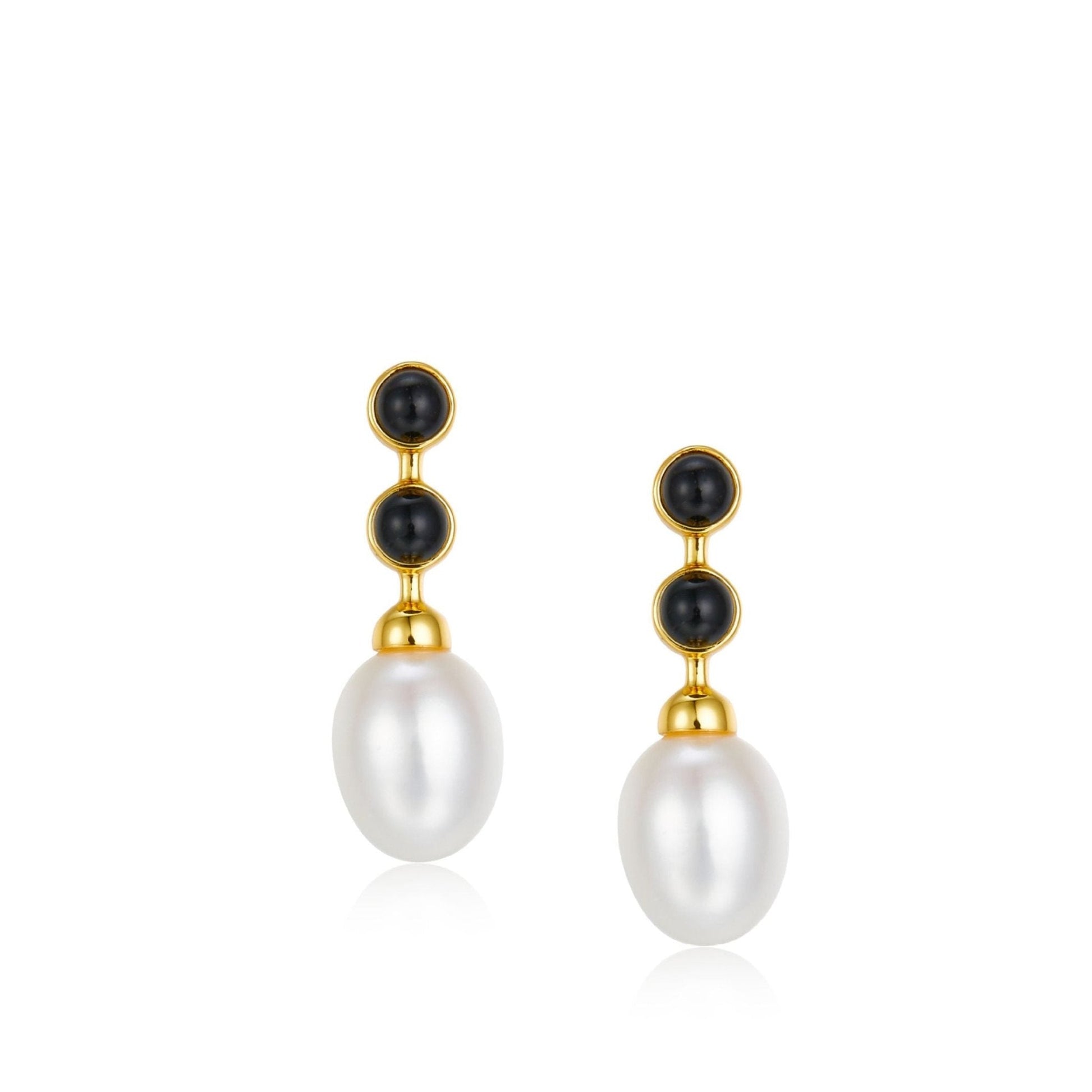 Noir et Perle gold drop earrings with black onyx and freshwater pearls by Awakened Time.