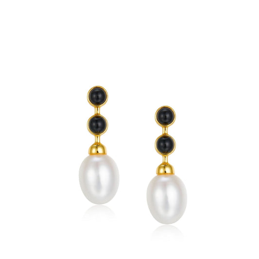 Noir et Perle gold drop earrings with black onyx and freshwater pearls by Awakened Time.