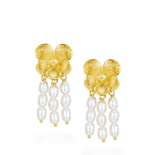 Pair of Awakened Time floral gold top earrings featuring cascading strands of natural freshwater pearls on a white background.