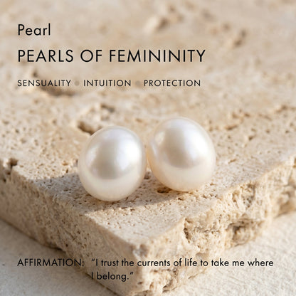 Awakened Time Pearl Pearls of Femininity graphic featuring natural pearls with sensuality, intuition, and protection keywords.
