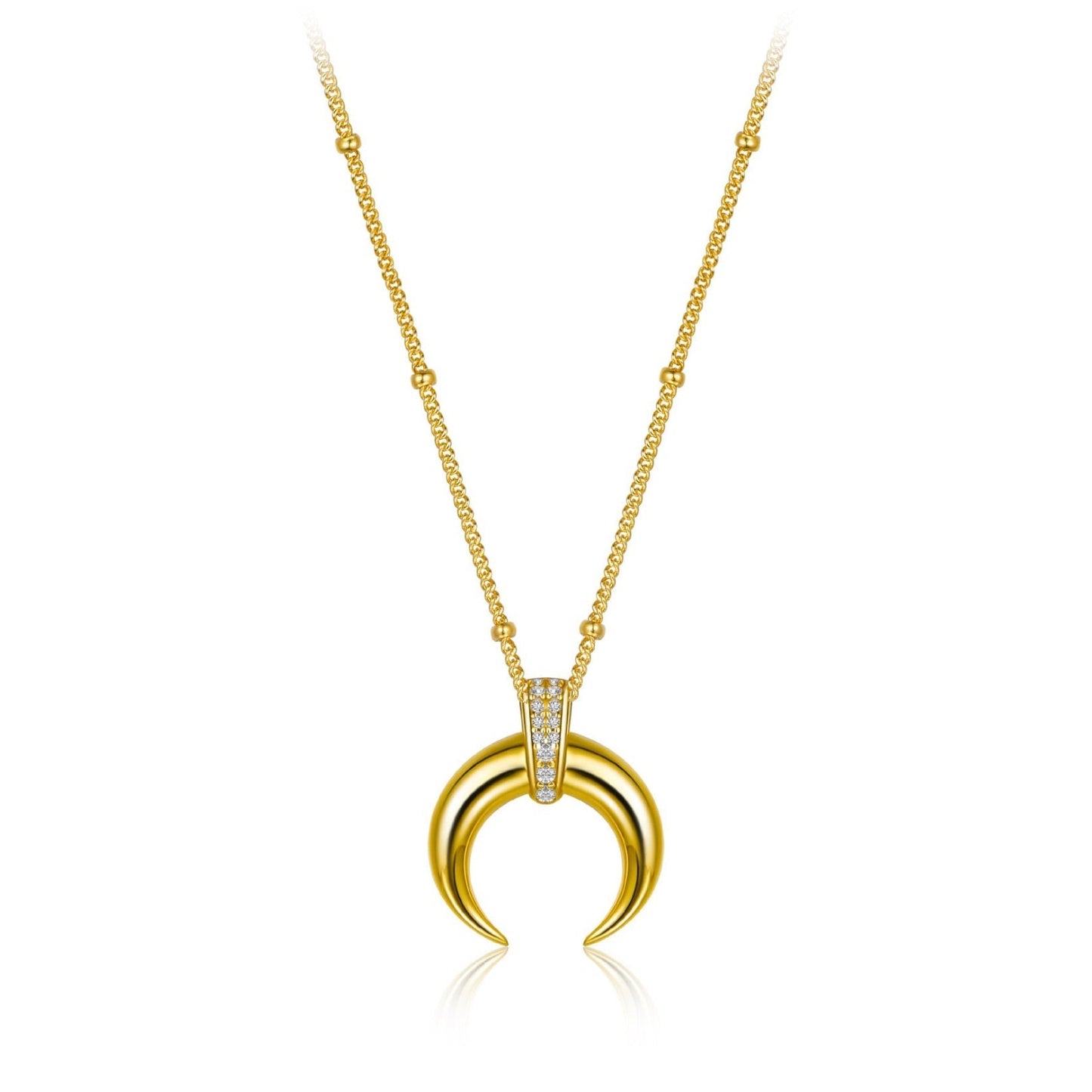 Awakened Time Radiant Horn Necklace featuring a crescent horn pendant with 5A cubic zirconia bail on a gold chain.