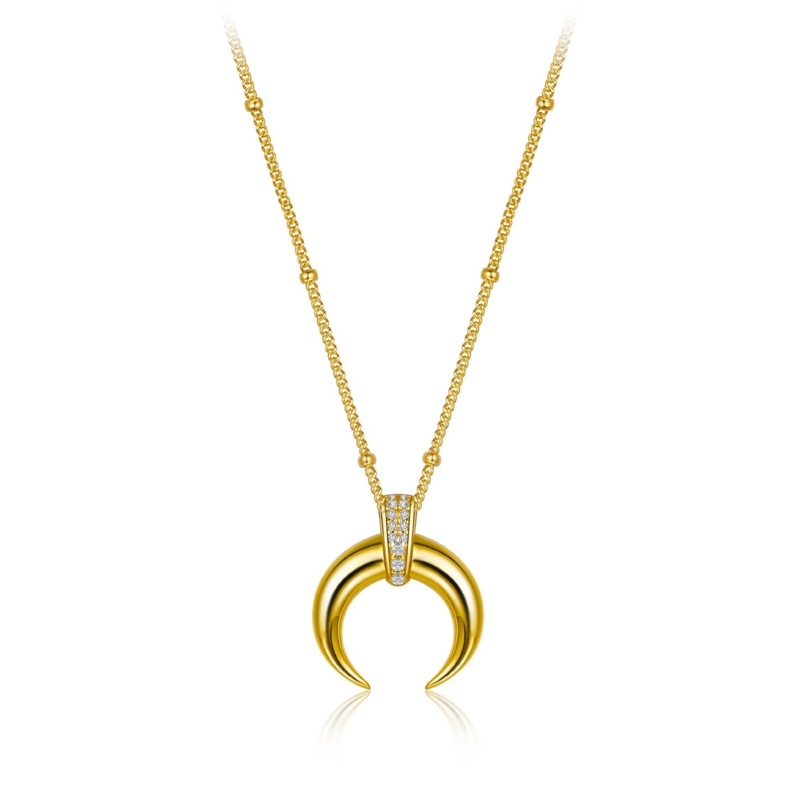 Awakened Time Radiant Horn Necklace featuring a crescent horn pendant with 5A cubic zirconia bail on a gold chain.